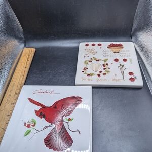 Vintage Cardinal and Apple Themed Ceramic Coasters